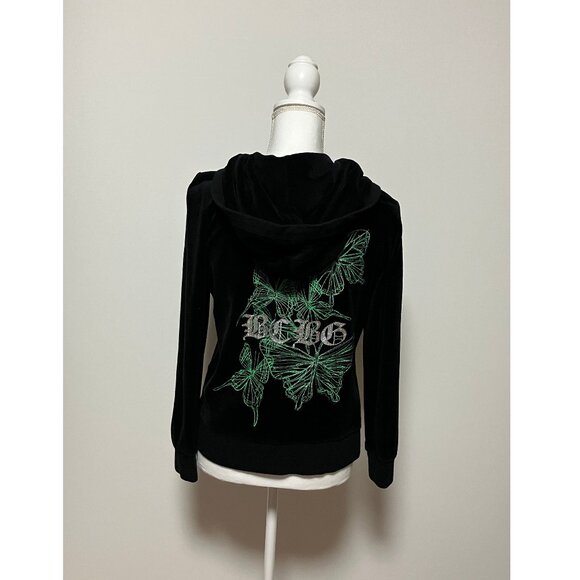 BCBG Maxazria Black Velour Hoodie With Green Butterflies, Size Large, Full Zip - Picture 6 of 13